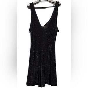 Bari-Jay(C)LBD Black Strap Beaded Cocktail Dress Sz 9-10 Midi Stretch Flowy EUC